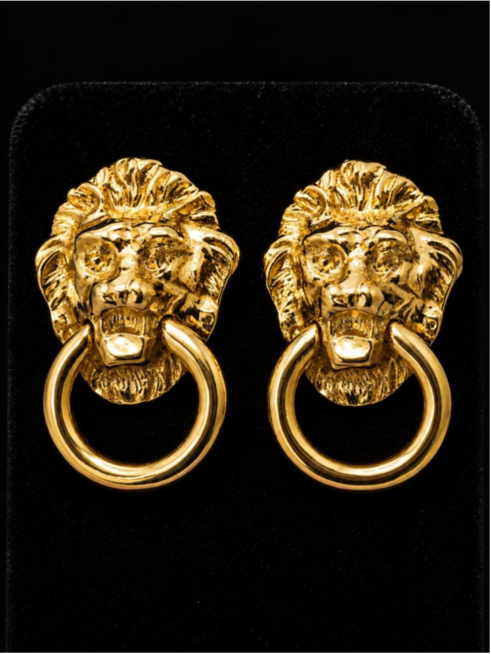 Kenneth Jay Lane KJL Lion Head Door Knocker Clip Earrings GoldTone VTG Statement